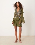 embroidered applique ruffle mini dress with godets in khaki