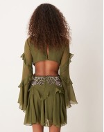 embroidered applique ruffle mini dress with godets in khaki