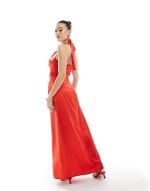 satin cowl neck maxi dress in red