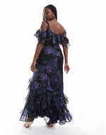 Curve ruffle off shoulder maxi dress with asymmetric godets in purple floral print