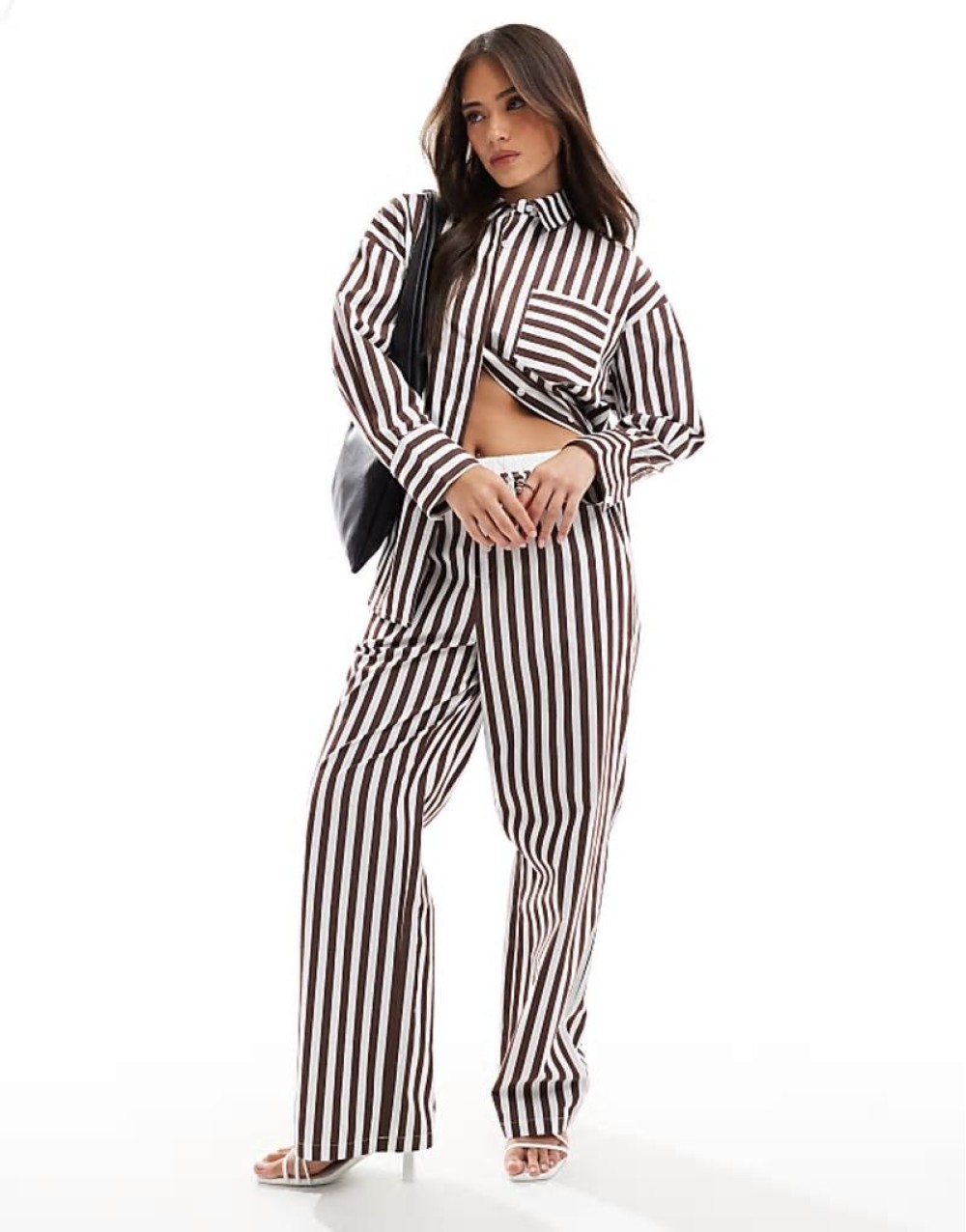 linen blend oversized pocket detail shirt and wide leg trouser co-ord in brown stripe