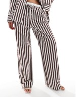 linen blend oversized pocket detail shirt and wide leg trouser co-ord in brown stripe