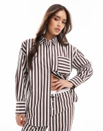 linen blend oversized pocket detail shirt and wide leg trouser co-ord in brown stripe
