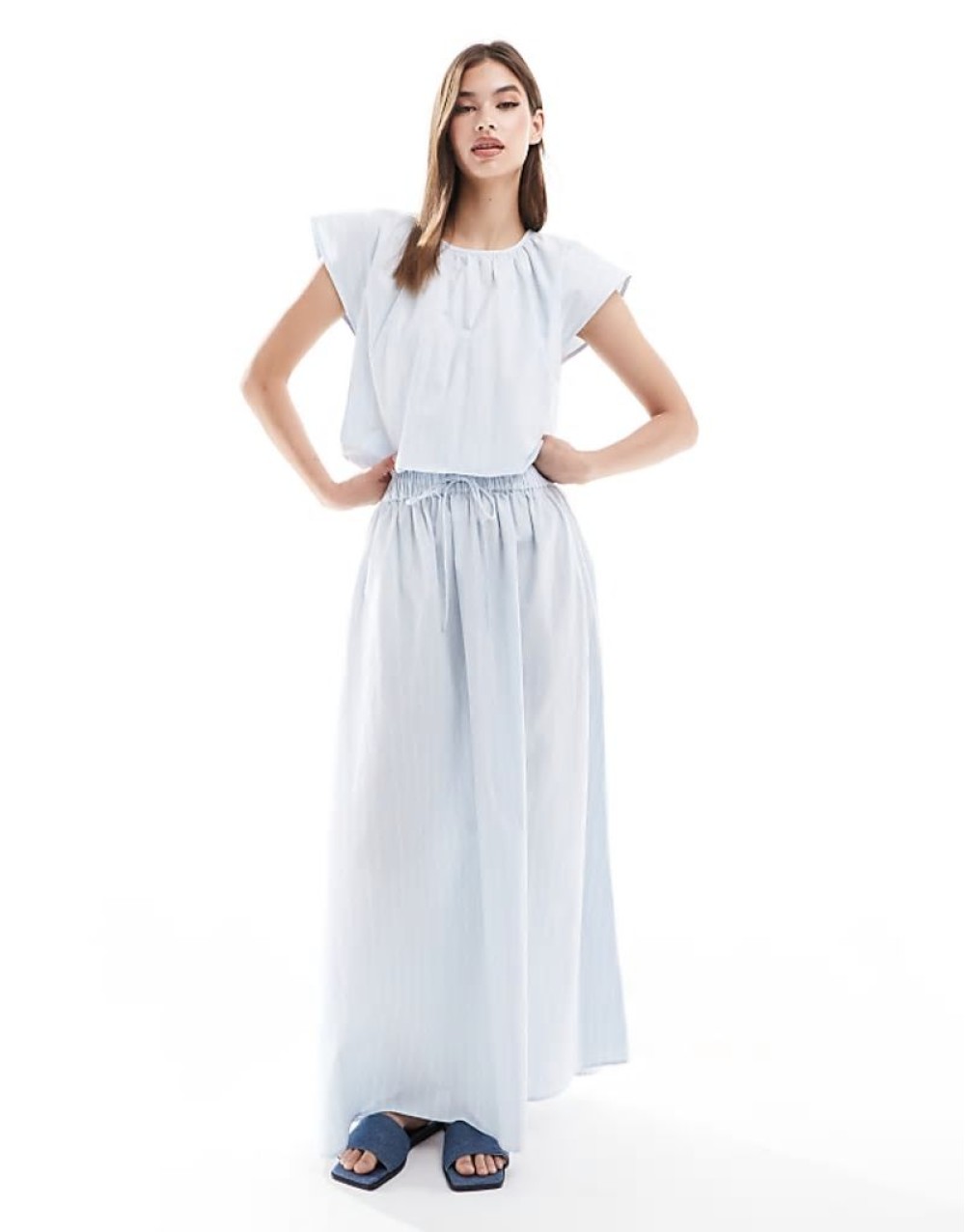 elasticated waist co-ord top & maxi skirt in blue and white stripe