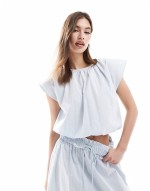 elasticated waist co-ord top & maxi skirt in blue and white stripe