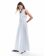 elasticated waist co-ord top & maxi skirt in blue and white stripe