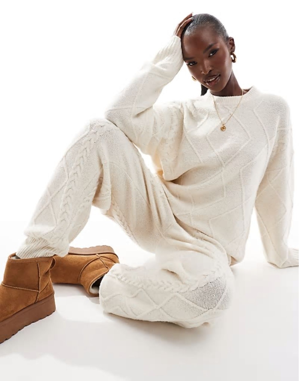cable knit jumper and cuffed joggers co-ord in cream