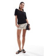 sheer jersey t-shirt in black with slash neck